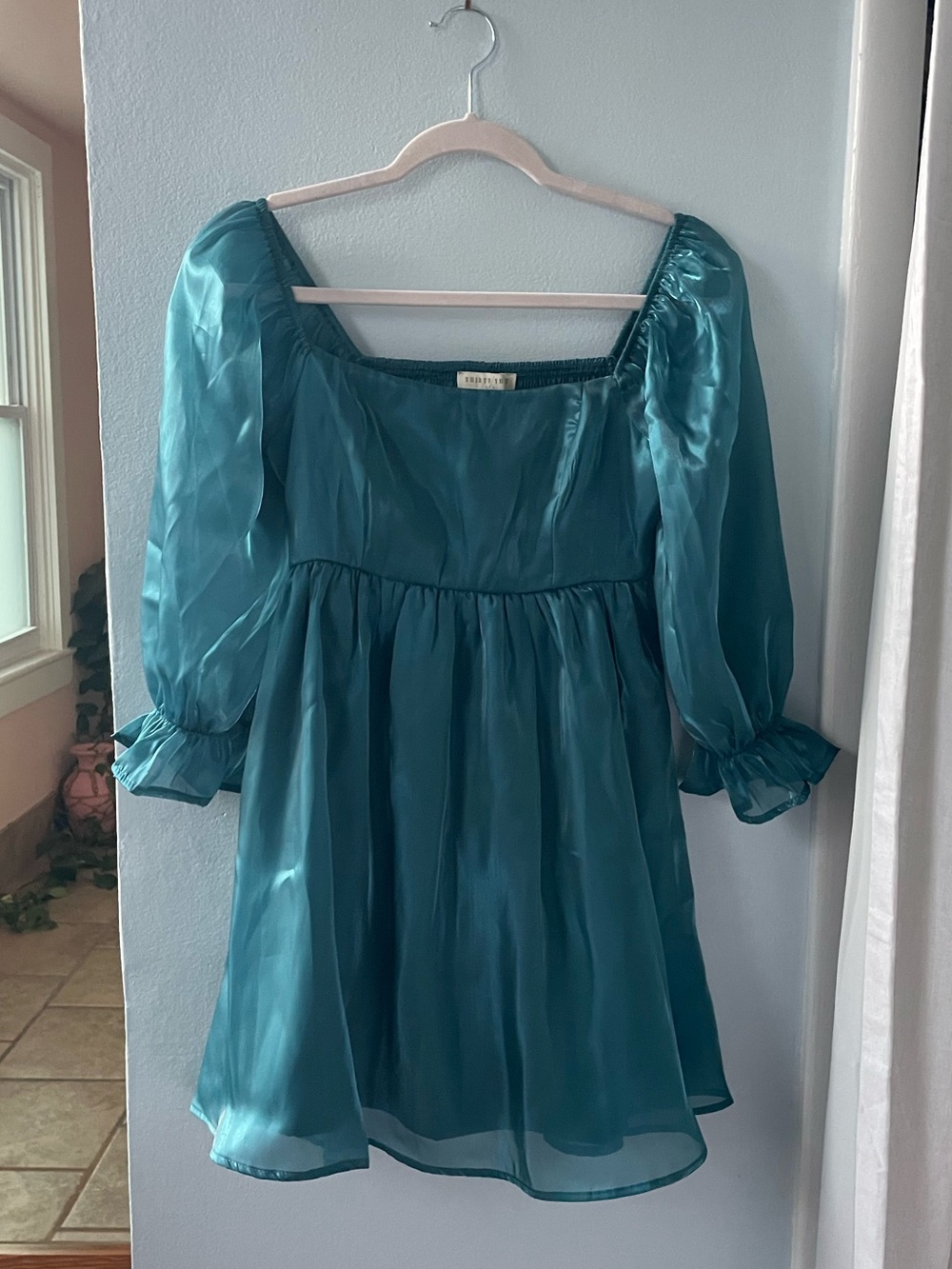 Teal Satin-Look Puff Sleeve Mini Dress